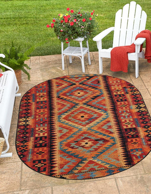 Multicolor 2' 2 x 3' 1 Outdoor Tribal Oval Area Rug Weather Resistant for Patio, Deck, Terrace, Balcony, Porch Traditional Design Water Safe Outside Carpet for Sale at Rug Engine
