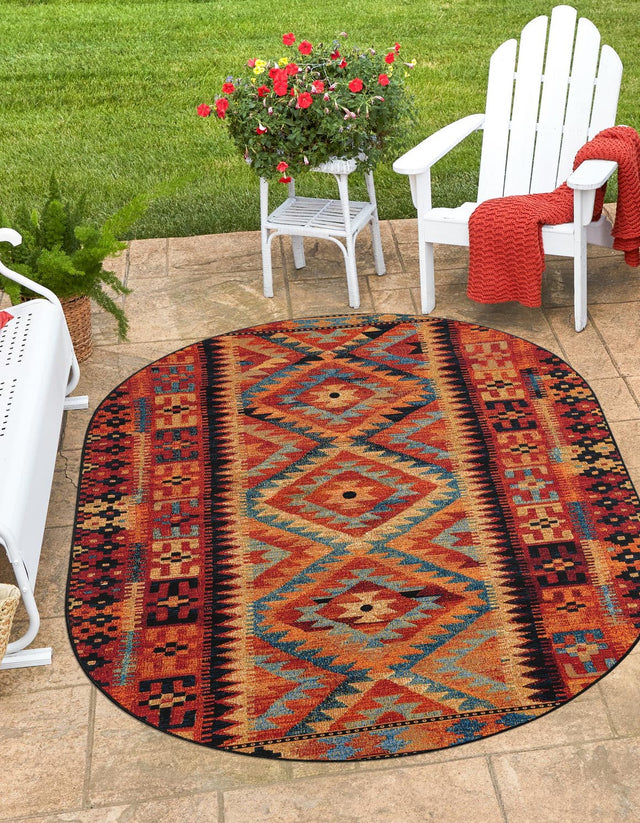 Multicolor 2' 2 x 3' 1 Outdoor Tribal Oval Area Rug Weather Resistant for Patio, Deck, Terrace, Balcony, Porch Traditional Design Water Safe Outside Carpet for Sale at Rug Engine