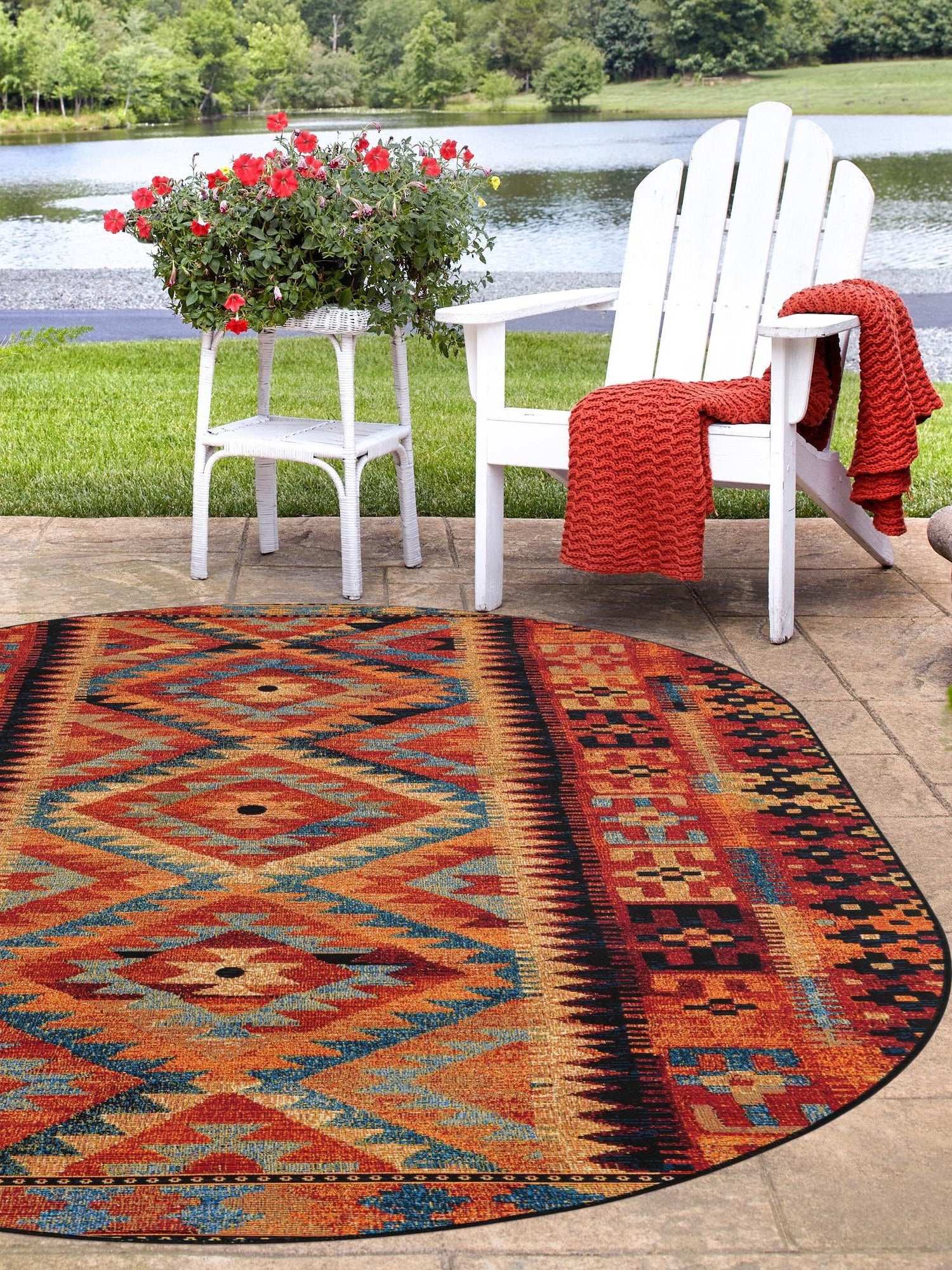 Multicolor 5' 3 x 8' Outdoor Tribal Oval Area Rug Weather Resistant for Patio, Deck, Terrace, Balcony, Porch Traditional Design Water Safe Outside Carpet for Sale at Rug Engine