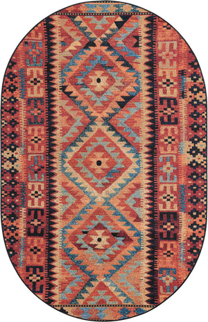 Multicolor 5' 3 x 8' Outdoor Tribal Oval Area Rug Weather Resistant for Patio, Deck, Terrace, Balcony, Porch Traditional Design Water Safe Outside Carpet for Sale at Rug Engine