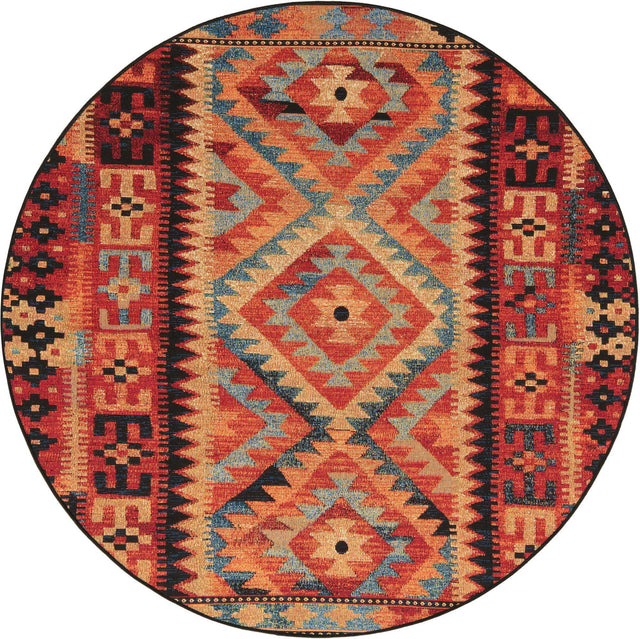 Multicolor 6' 1 x 6' 1 Outdoor Tribal Round Area Rug Weather Resistant for Patio, Deck, Terrace, Balcony, Porch Traditional Design Water Safe Outside Carpet for Sale at Rug Engine