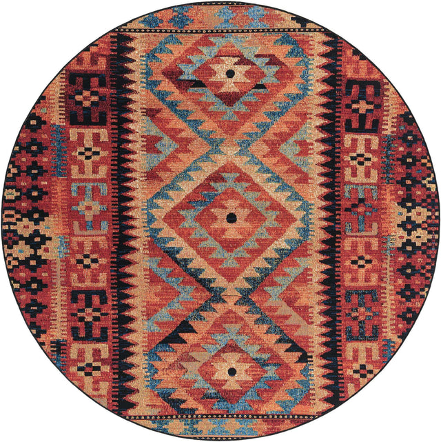 Multicolor 7' 1 x 7' 1 Outdoor Tribal Round Area Rug Weather Resistant for Patio, Deck, Terrace, Balcony, Porch Traditional Design Water Safe Outside Carpet for Sale at Rug Engine