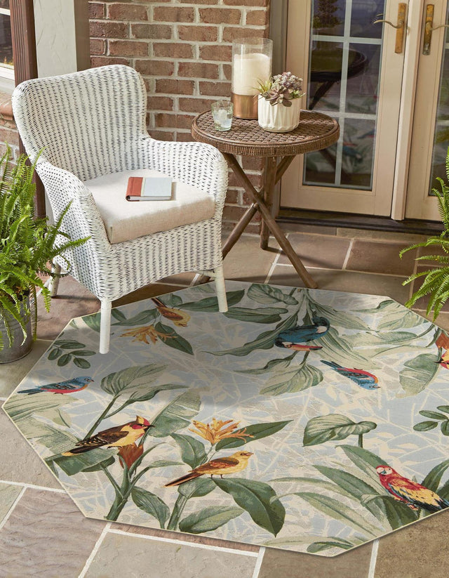 Multicolor 7' 10 x 7' 10 Outdoor Botanical Octagon Area Rug Weather Resistant for Patio, Deck, Terrace, Balcony, Porch Polypropylene Garden Floral Tropical Carpet for Sale at Rug Engine