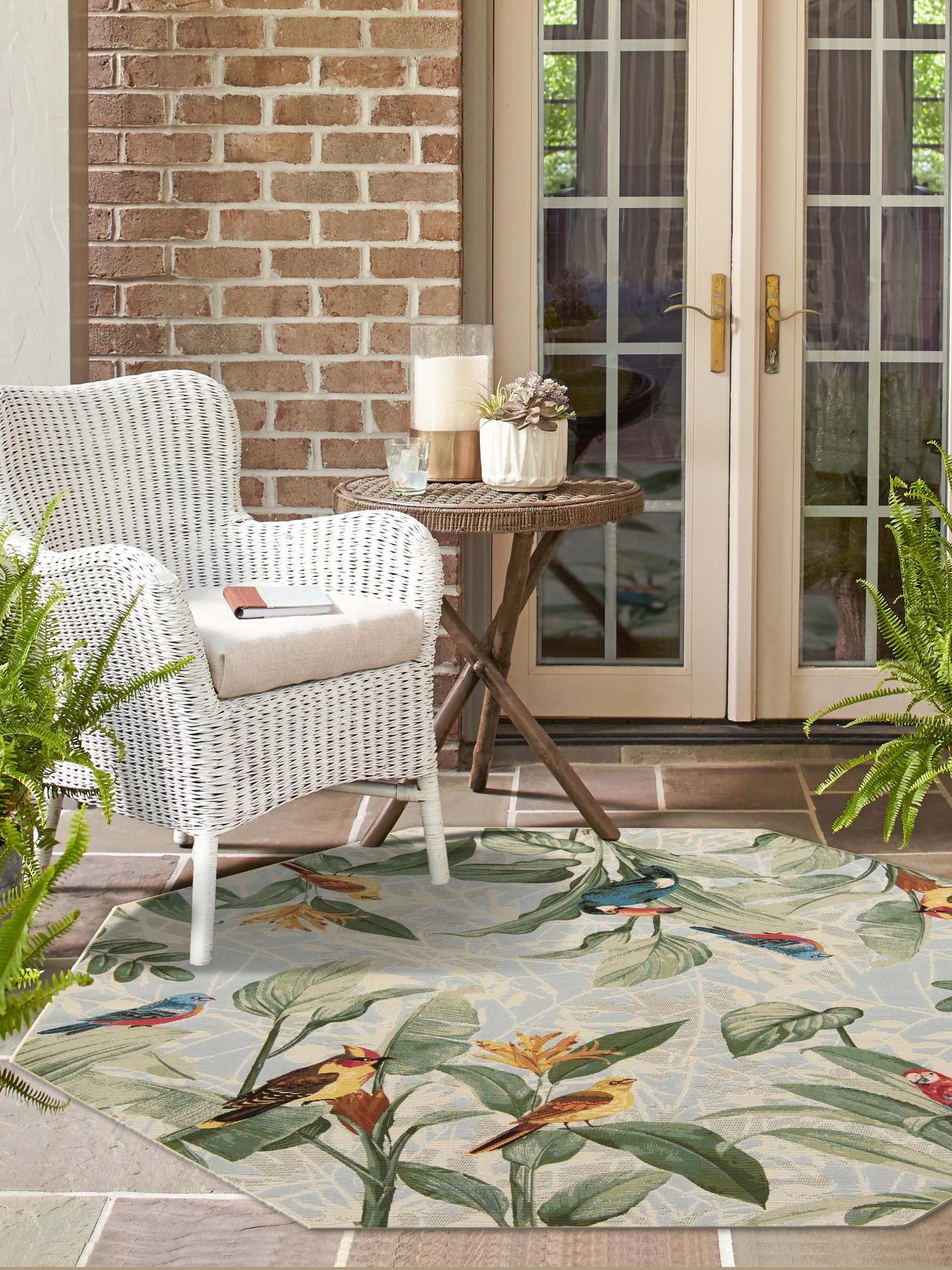 Multicolor 7' 10 x 7' 10 Outdoor Botanical Octagon Area Rug Weather Resistant for Patio, Deck, Terrace, Balcony, Porch Polypropylene Garden Floral Tropical Carpet for Sale at Rug Engine