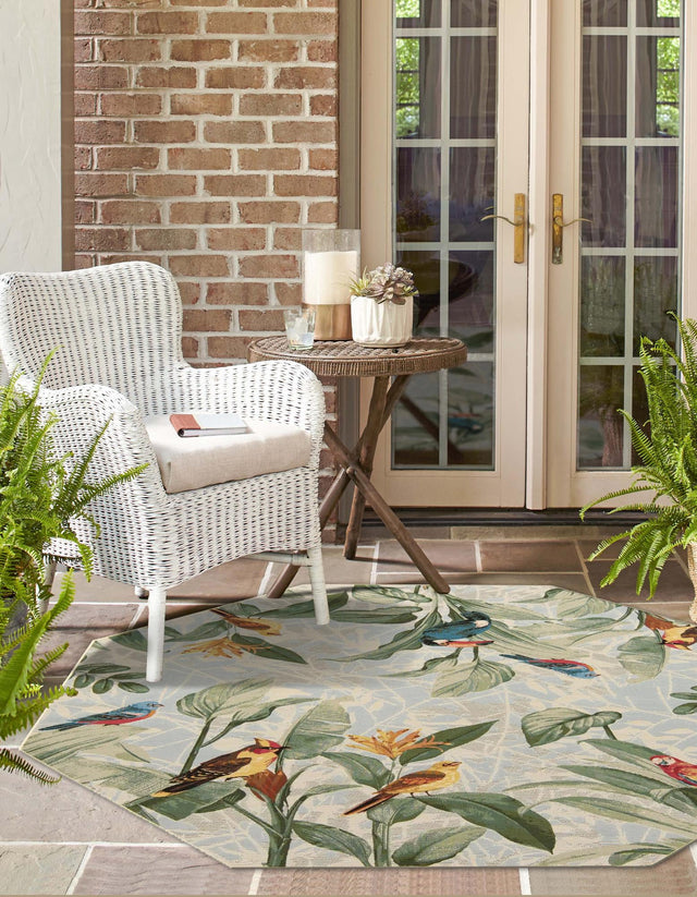 Multicolor 7' 10 x 7' 10 Outdoor Botanical Octagon Area Rug Weather Resistant for Patio, Deck, Terrace, Balcony, Porch Polypropylene Garden Floral Tropical Carpet for Sale at Rug Engine