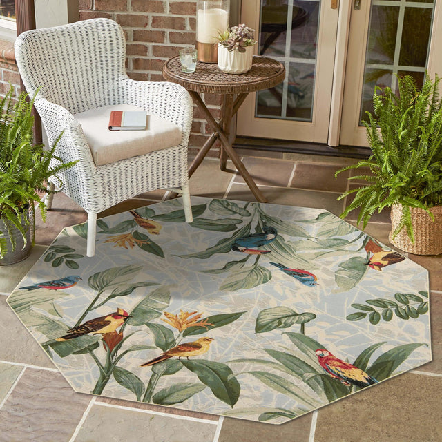 Multicolor 7' 10 x 7' 10 Outdoor Botanical Octagon Area Rug Weather Resistant for Patio, Deck, Terrace, Balcony, Porch Polypropylene Garden Floral Tropical Carpet for Sale at Rug Engine