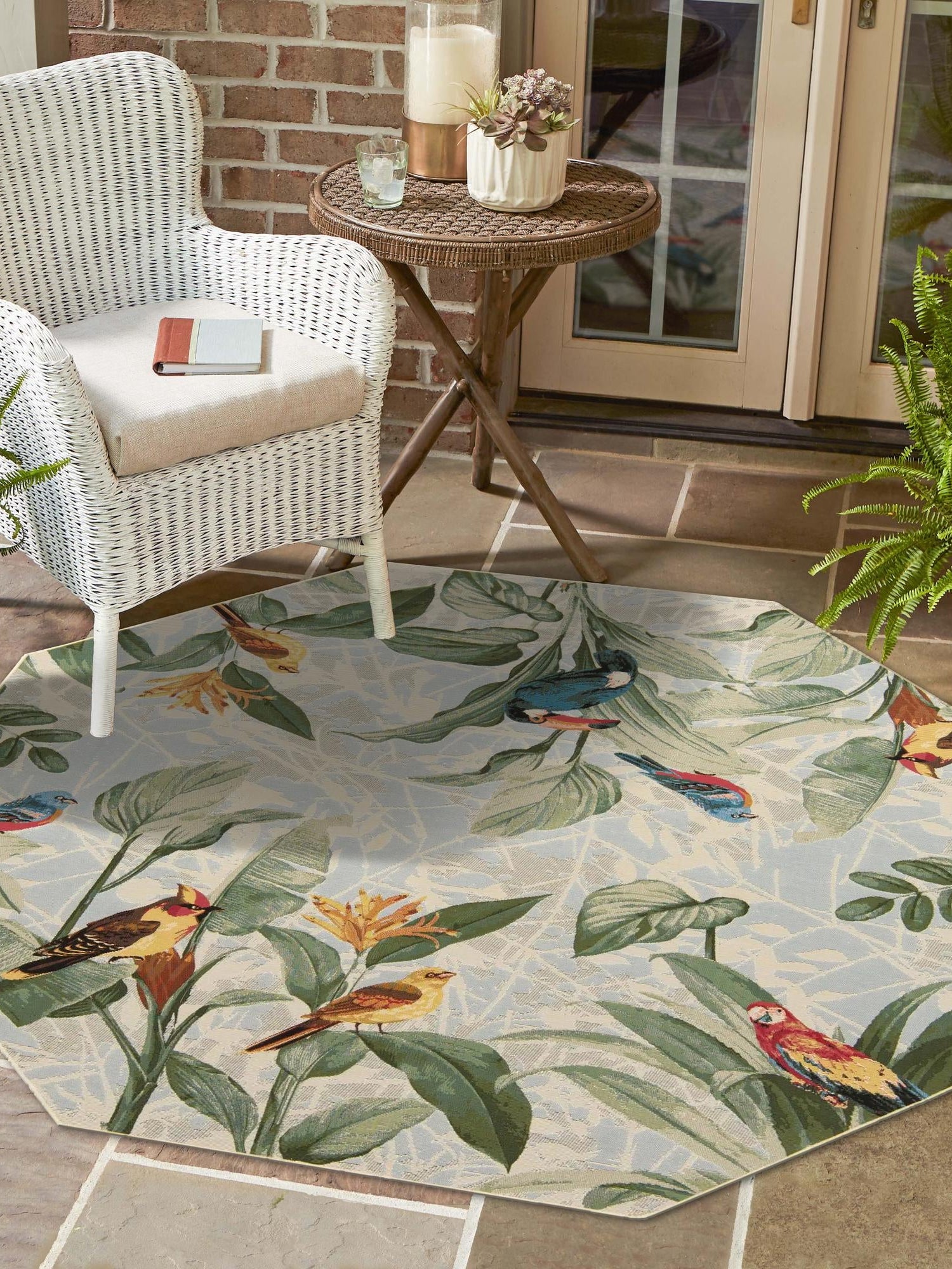 Multicolor 4' 1 x 4' 1 Outdoor Botanical Octagon Area Rug Weather Resistant for Patio, Deck, Terrace, Balcony, Porch Polypropylene Garden Floral Tropical Carpet for Sale at Rug Engine