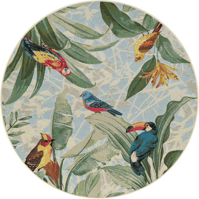 Multicolor 5' 1 x 5' 1 Outdoor Botanical Round Area Rug Weather Resistant for Patio, Deck, Terrace, Balcony, Porch Polypropylene Garden Floral Tropical Carpet for Sale at Rug Engine