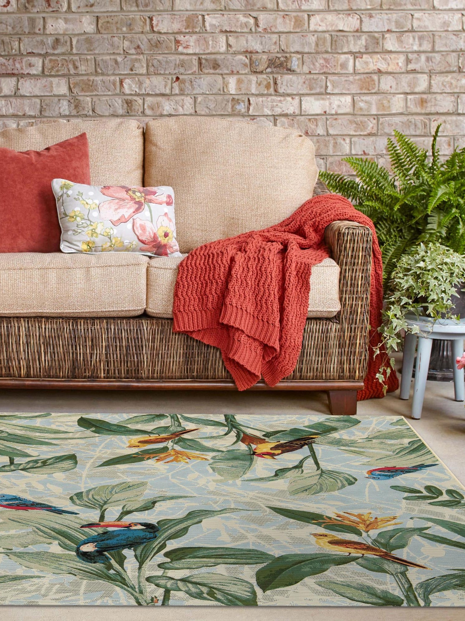Multicolor 7' 10 x 7' 10 Outdoor Botanical Square Area Rug Weather Resistant for Patio, Deck, Terrace, Balcony, Porch Polypropylene Garden Floral Tropical Carpet for Sale at Rug Engine
