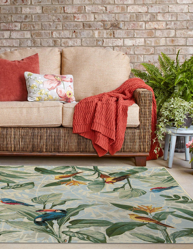 Multicolor 7' 10 x 7' 10 Outdoor Botanical Square Area Rug Weather Resistant for Patio, Deck, Terrace, Balcony, Porch Polypropylene Garden Floral Tropical Carpet for Sale at Rug Engine