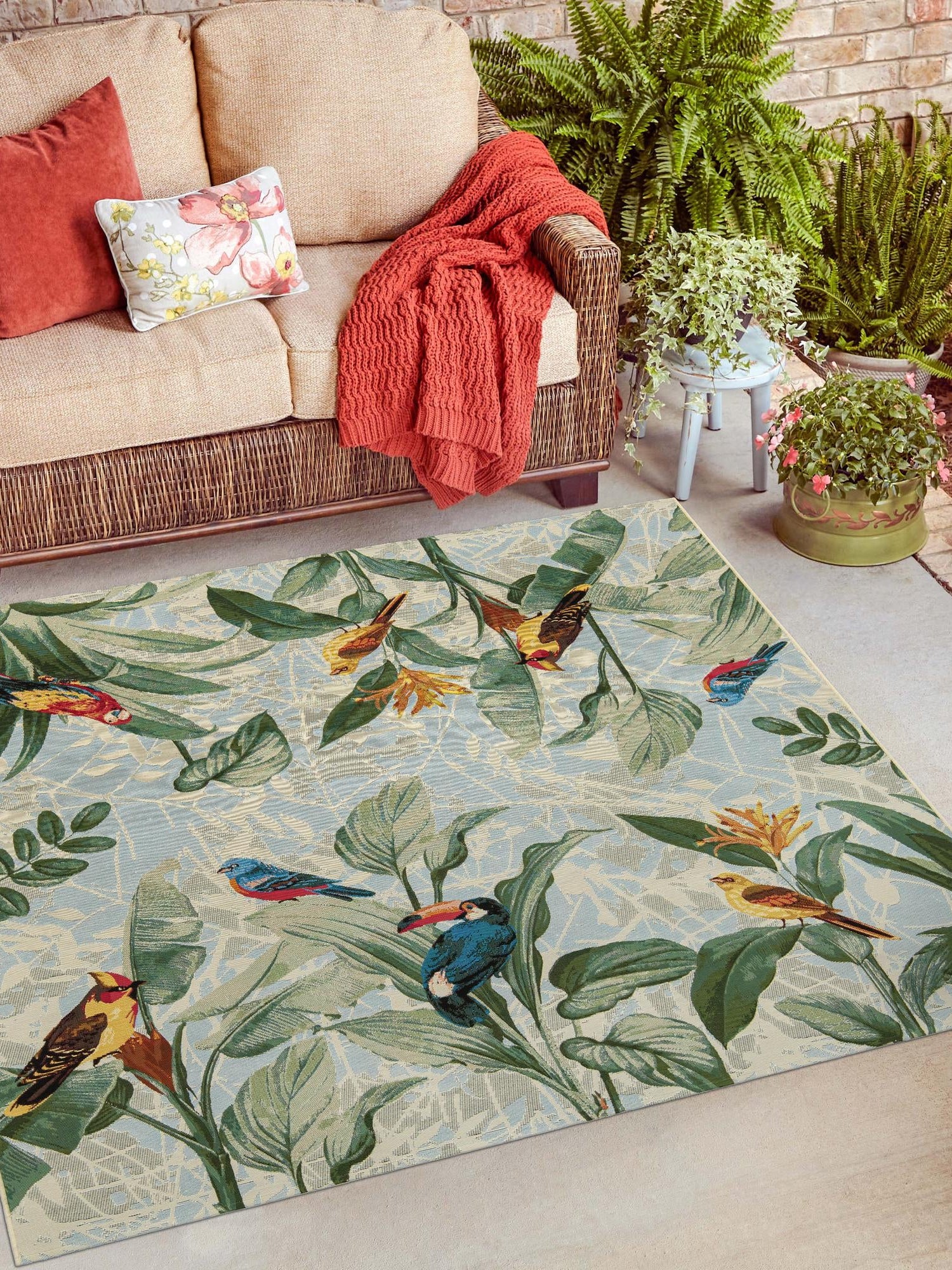 Multicolor 7' 10 x 7' 10 Outdoor Botanical Square Area Rug Weather Resistant for Patio, Deck, Terrace, Balcony, Porch Polypropylene Garden Floral Tropical Carpet for Sale at Rug Engine
