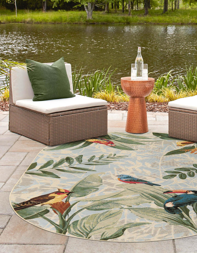Multicolor 7' 10 x 10' Outdoor Botanical Oval Area Rug Weather Resistant for Patio, Deck, Terrace, Balcony, Porch Polypropylene Garden Floral Tropical Carpet for Sale at Rug Engine