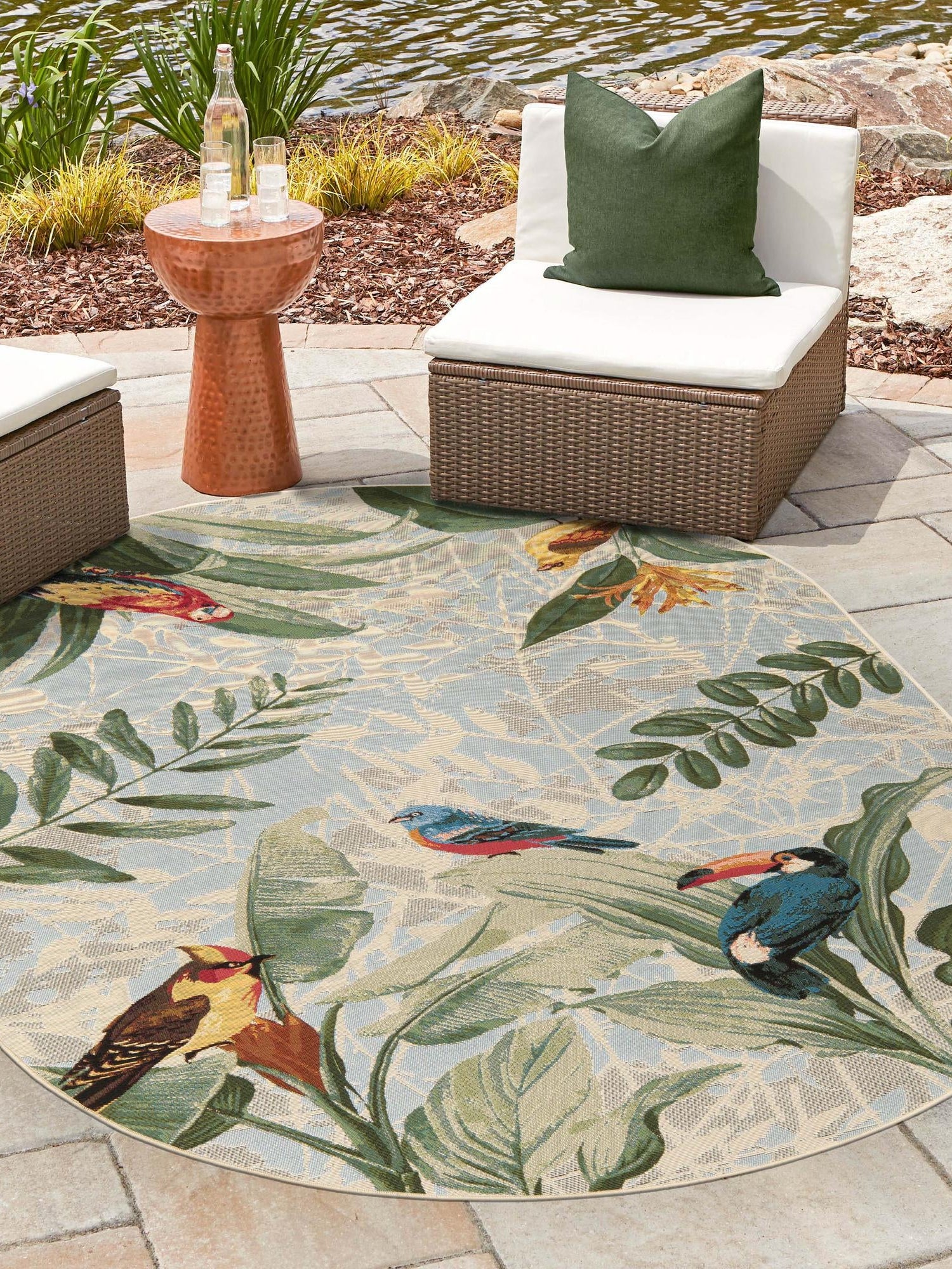 Multicolor 2' 2 x 3' 1 Outdoor Botanical Oval Area Rug Weather Resistant for Patio, Deck, Terrace, Balcony, Porch Polypropylene Garden Floral Tropical Carpet for Sale at Rug Engine