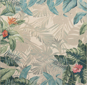 Multicolor 10' x 10' Outdoor Botanical Square Area Rug Weather Resistant for Patio, Deck, Terrace, Balcony, Porch