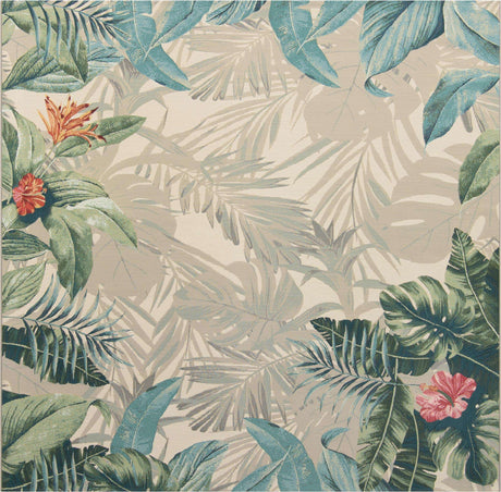 Multicolor 10' x 10' Outdoor Botanical Square Area Rug Weather Resistant for Patio, Deck, Terrace, Balcony, Porch
