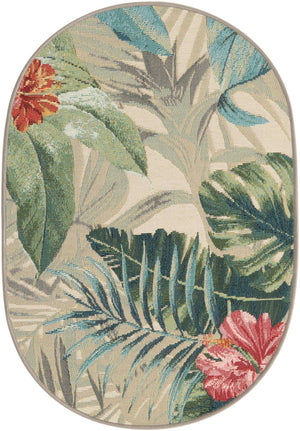 Multicolor 2' 2 x 3' 1 Outdoor Botanical Oval Area Rug Weather Resistant for Patio, Deck, Terrace, Balcony, Porch Polypropylene Garden Floral Tropical Carpet for Sale at Rug Engine