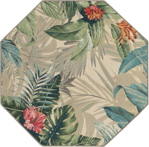Multicolor 4' 1 x 4' 1 Outdoor Botanical Octagon Area Rug Weather Resistant for Patio, Deck, Terrace, Balcony, Porch Polypropylene Garden Floral Tropical Carpet for Sale at Rug Engine