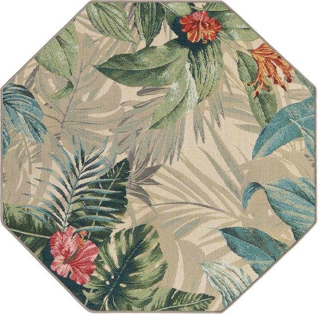 Multicolor 4' 1 x 4' 1 Outdoor Botanical Octagon Area Rug Weather Resistant for Patio, Deck, Terrace, Balcony, Porch Polypropylene Garden Floral Tropical Carpet for Sale at Rug Engine