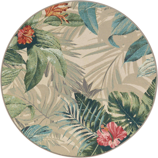 Multicolor 4' 1 x 4' 1 Outdoor Botanical Round Area Rug Weather Resistant for Patio, Deck, Terrace, Balcony, Porch Polypropylene Garden Floral Tropical Carpet for Sale at Rug Engine