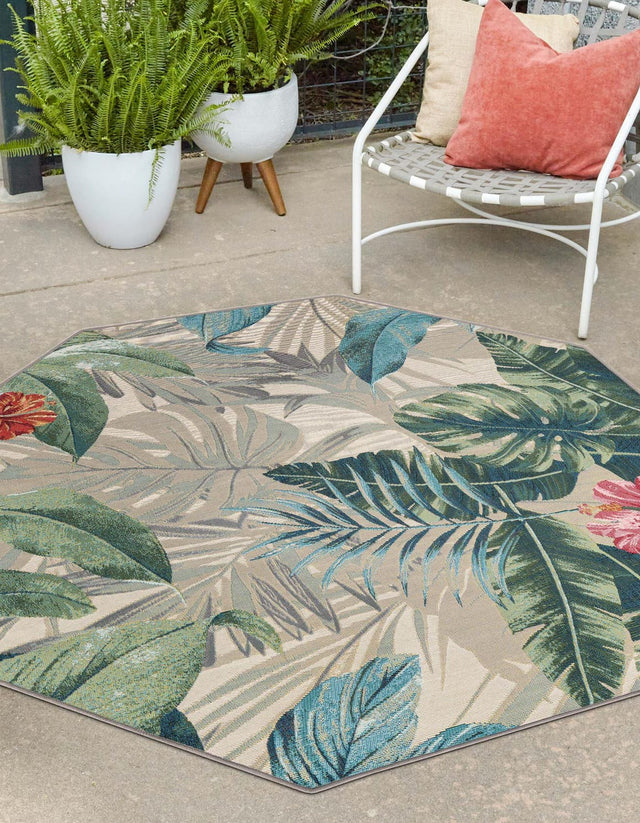Multicolor 5' 3 x 5' 3 Outdoor Botanical Octagon Area Rug Weather Resistant for Patio, Deck, Terrace, Balcony, Porch Polypropylene Garden Floral Tropical Carpet for Sale at Rug Engine