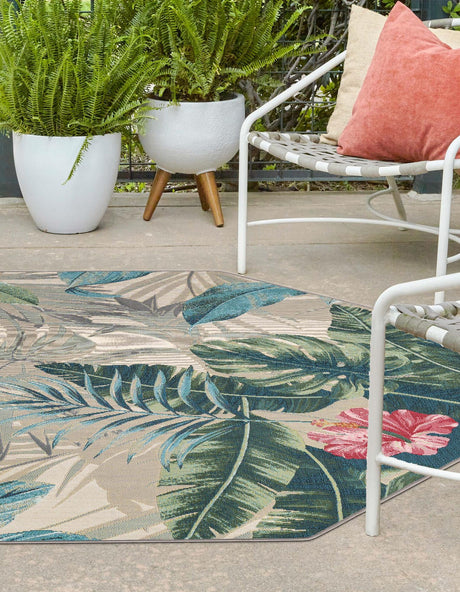Multicolor 5' 3 x 5' 3 Outdoor Botanical Octagon Area Rug Weather Resistant for Patio, Deck, Terrace, Balcony, Porch Polypropylene Garden Floral Tropical Carpet for Sale at Rug Engine