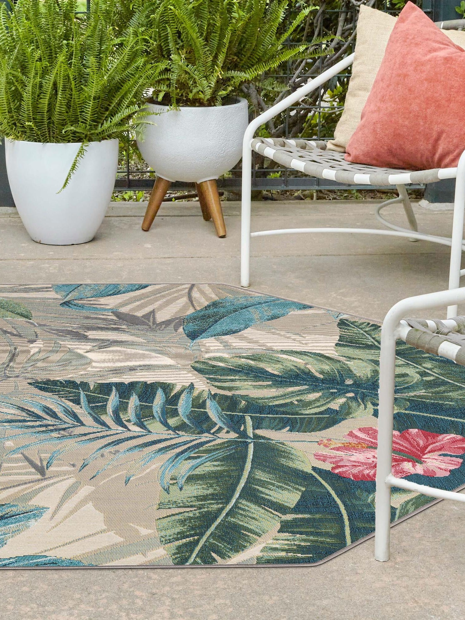Multicolor 7' 10 x 7' 10 Outdoor Botanical Octagon Area Rug Weather Resistant for Patio, Deck, Terrace, Balcony, Porch Polypropylene Garden Floral Tropical Carpet for Sale at Rug Engine