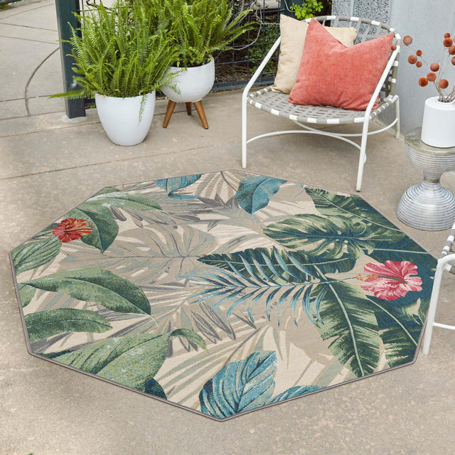 Multicolor 5' 3 x 5' 3 Outdoor Botanical Octagon Area Rug Weather Resistant for Patio, Deck, Terrace, Balcony, Porch Polypropylene Garden Floral Tropical Carpet for Sale at Rug Engine