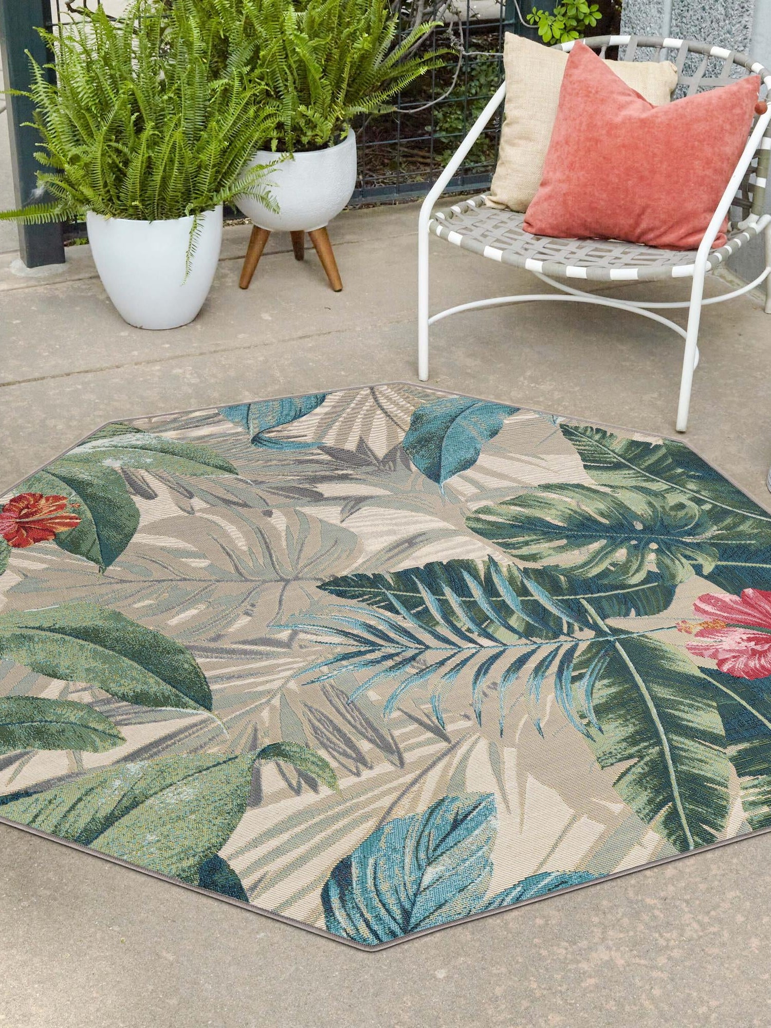 Multicolor 7' 1 x 7' 1 Outdoor Botanical Octagon Area Rug Weather Resistant for Patio, Deck, Terrace, Balcony, Porch Polypropylene Garden Floral Tropical Carpet for Sale at Rug Engine