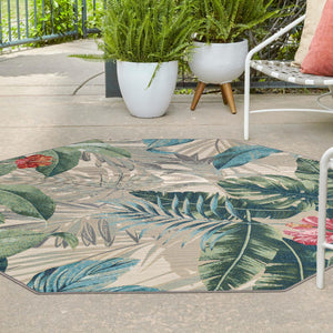 Multicolor 5' 3 x 5' 3 Outdoor Botanical Octagon Area Rug Weather Resistant for Patio, Deck, Terrace, Balcony, Porch Polypropylene Garden Floral Tropical Carpet for Sale at Rug Engine