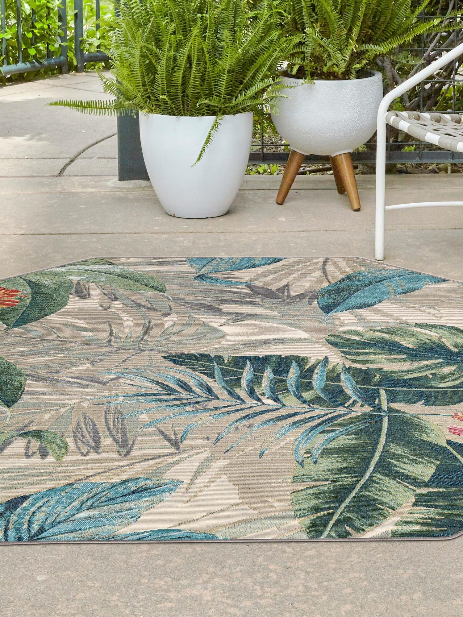 Multicolor 7' 1 x 7' 1 Outdoor Botanical Octagon Area Rug Weather Resistant for Patio, Deck, Terrace, Balcony, Porch Polypropylene Garden Floral Tropical Carpet for Sale at Rug Engine