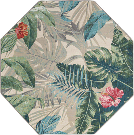 Multicolor 5' 3 x 5' 3 Outdoor Botanical Octagon Area Rug Weather Resistant for Patio, Deck, Terrace, Balcony, Porch Polypropylene Garden Floral Tropical Carpet for Sale at Rug Engine
