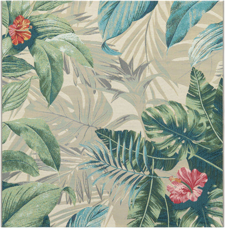 Multicolor 5' 3 x 5' 3 Outdoor Botanical Square Area Rug Weather Resistant for Patio, Deck, Terrace, Balcony, Porch