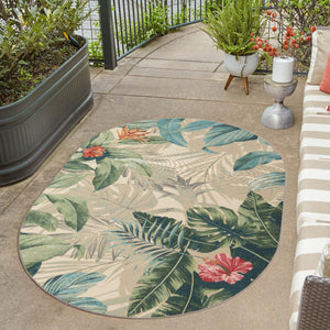 Multicolor 4' 1 x 6' 1 Outdoor Botanical Oval Area Rug Weather Resistant for Patio, Deck, Terrace, Balcony, Porch Polypropylene Garden Floral Tropical Carpet for Sale at Rug Engine