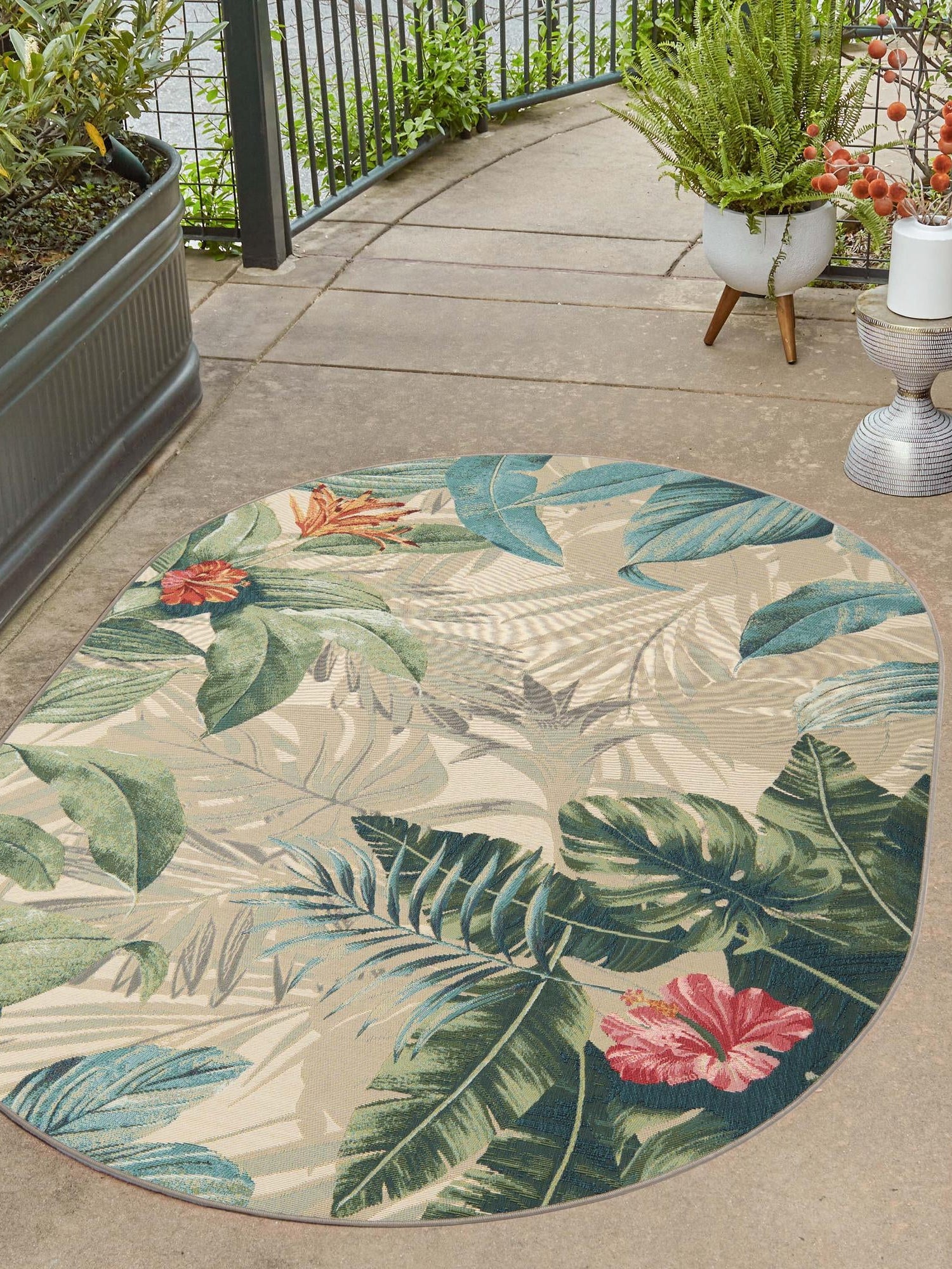 Multicolor 7' 10 x 10' Outdoor Botanical Oval Area Rug Weather Resistant for Patio, Deck, Terrace, Balcony, Porch Polypropylene Garden Floral Tropical Carpet for Sale at Rug Engine