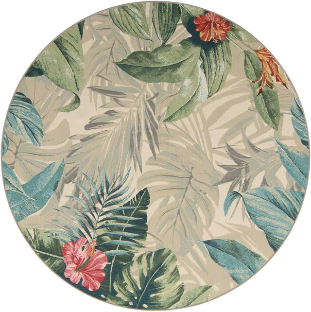 Multicolor 7' 1 x 7' 1 Outdoor Botanical Round Area Rug Weather Resistant for Patio, Deck, Terrace, Balcony, Porch Polypropylene Garden Floral Tropical Carpet for Sale at Rug Engine