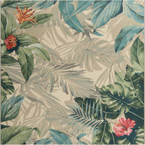 Multicolor 7' 10 x 7' 10 Outdoor Botanical Square Area Rug Weather Resistant for Patio, Deck, Terrace, Balcony, Porch Polypropylene Garden Floral Tropical Carpet for Sale at Rug Engine
