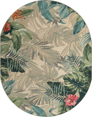Multicolor 7' 10 x 10' Outdoor Botanical Oval Area Rug Weather Resistant for Patio, Deck, Terrace, Balcony, Porch Polypropylene Garden Floral Tropical Carpet for Sale at Rug Engine