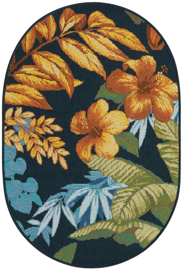 Multicolor 2' 2 x 3' 1 Outdoor Botanical Oval Area Rug Weather Resistant for Patio, Deck, Terrace, Balcony, Porch Polypropylene Garden Floral Tropical Carpet for Sale at Rug Engine