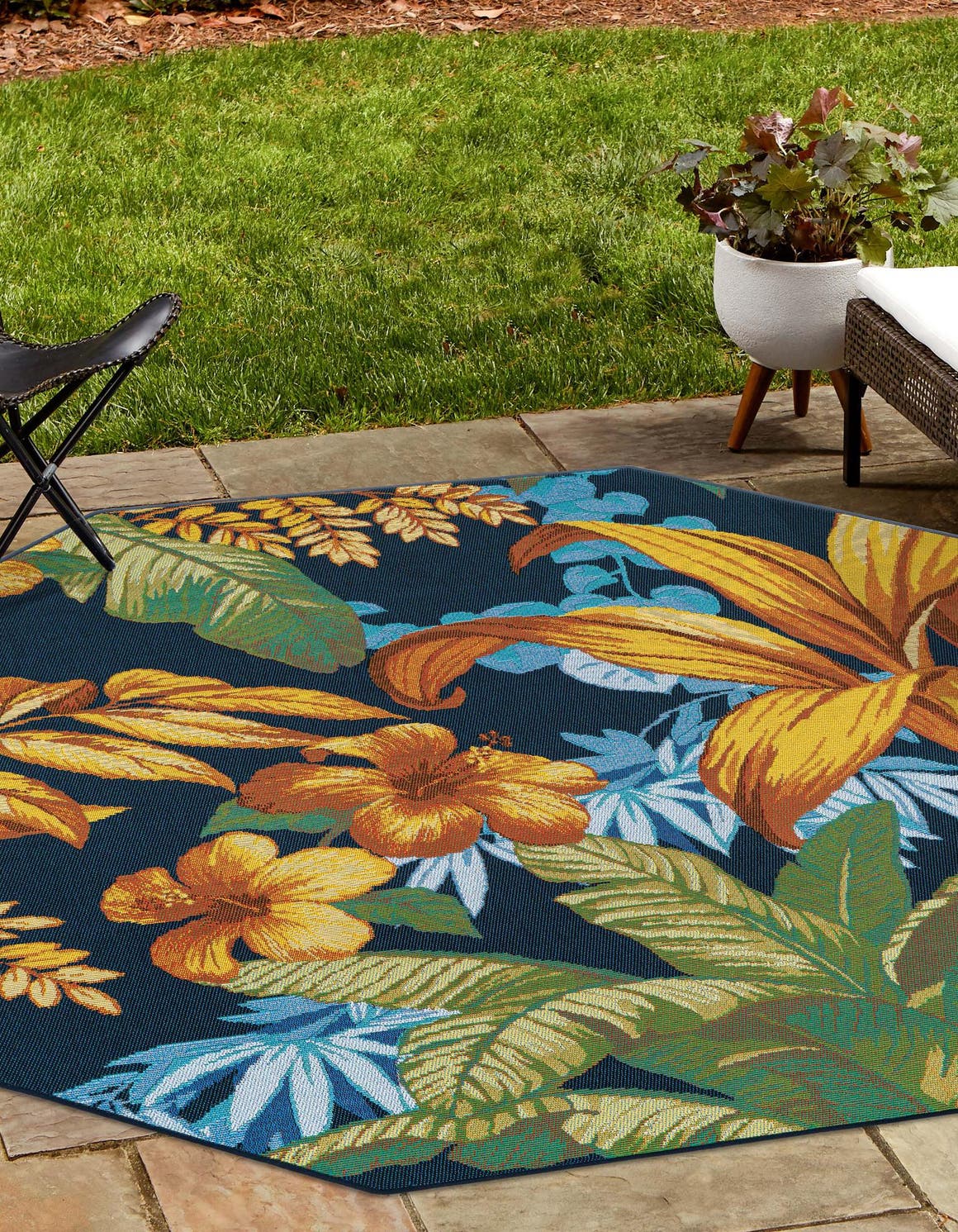 Multicolor 5' 3 x 5' 3 Outdoor Botanical Octagon Area Rug Weather Resistant for Patio, Deck, Terrace, Balcony, Porch Polypropylene Garden Floral Tropical Carpet for Sale at Rug Engine