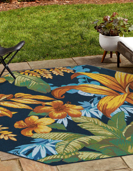 Multicolor 4' 1 x 4' 1 Outdoor Botanical Octagon Area Rug Weather Resistant for Patio, Deck, Terrace, Balcony, Porch