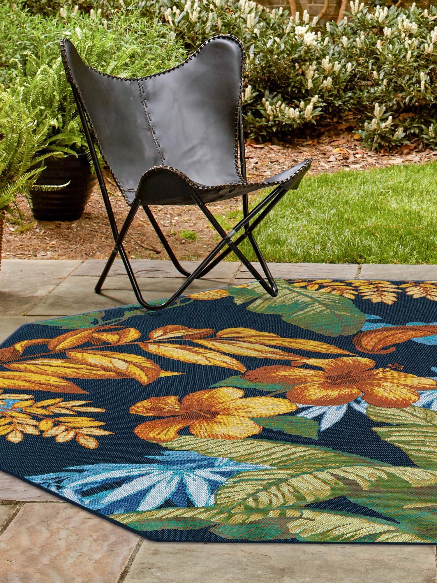 Multicolor 5' 3 x 5' 3 Outdoor Botanical Octagon Area Rug Weather Resistant for Patio, Deck, Terrace, Balcony, Porch Polypropylene Garden Floral Tropical Carpet for Sale at Rug Engine