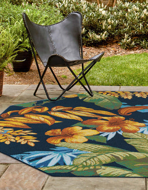 Multicolor 5' 3 x 5' 3 Outdoor Botanical Octagon Area Rug Weather Resistant for Patio, Deck, Terrace, Balcony, Porch Polypropylene Garden Floral Tropical Carpet for Sale at Rug Engine