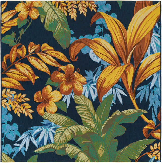 Multicolor 5' 3 x 5' 3 Outdoor Botanical Square Area Rug Weather Resistant for Patio, Deck, Terrace, Balcony, Porch Polypropylene Garden Floral Tropical Carpet for Sale at Rug Engine