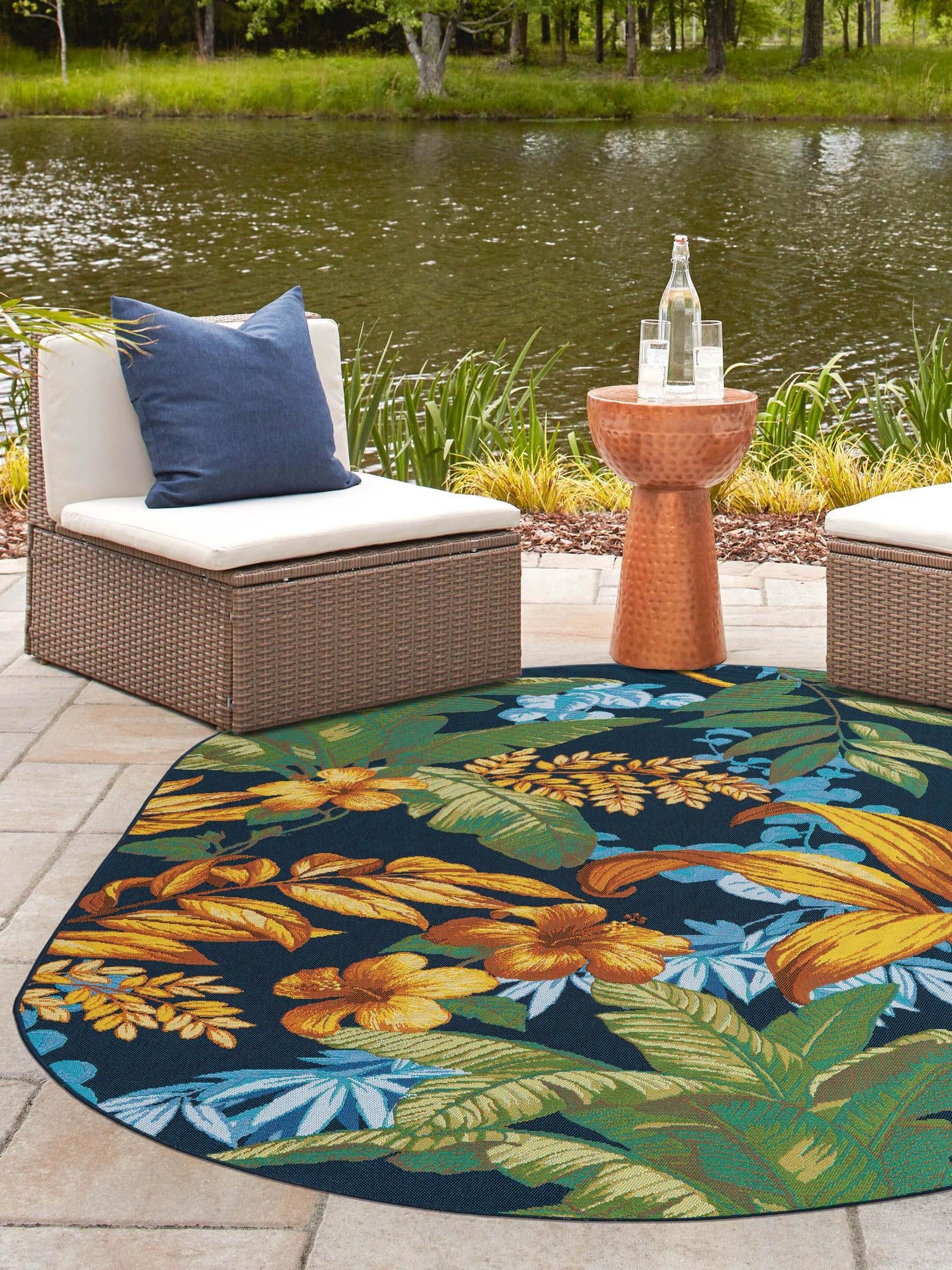 Multicolor 7' 10 x 10' Outdoor Botanical Oval Area Rug Weather Resistant for Patio, Deck, Terrace, Balcony, Porch Polypropylene Garden Floral Tropical Carpet for Sale at Rug Engine