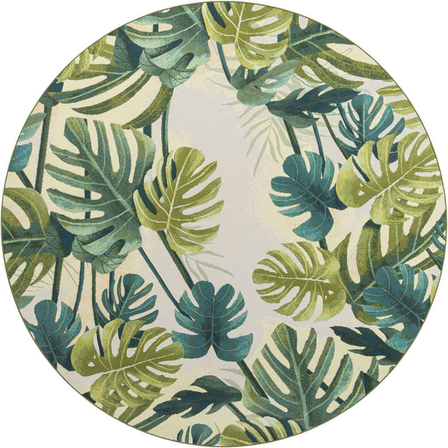 Green 10' x 10' Outdoor Botanical Round Area Rug Weather Resistant for Patio, Deck, Terrace, Balcony, Porch Polypropylene Garden Floral Tropical Carpet for Sale at Rug Engine