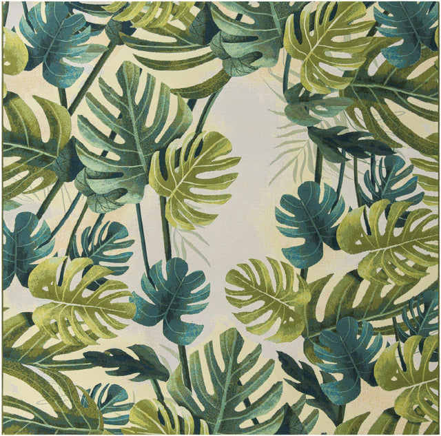 Green 10' x 10' Outdoor Botanical Square Area Rug Weather Resistant for Patio, Deck, Terrace, Balcony, Porch Polypropylene Garden Floral Tropical Carpet for Sale at Rug Engine