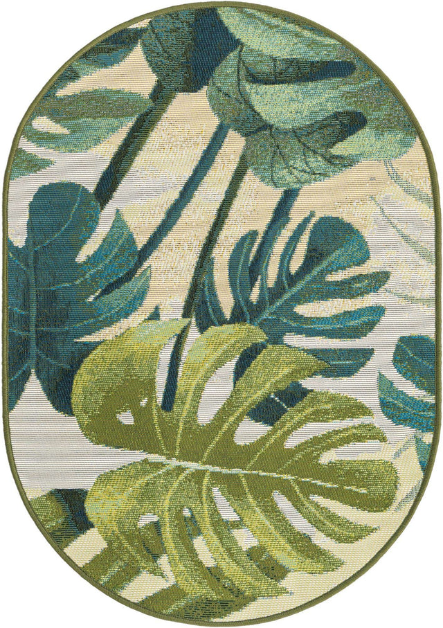 Green 2' 2 x 3' 1 Outdoor Botanical Oval Area Rug Weather Resistant for Patio, Deck, Terrace, Balcony, Porch Polypropylene Garden Floral Tropical Carpet for Sale at Rug Engine