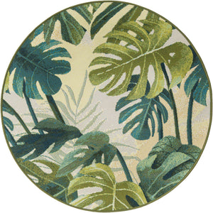 Green 3' 1 x 3' 1 Outdoor Botanical Round Area Rug Weather Resistant for Patio, Deck, Terrace, Balcony, Porch Polypropylene Garden Floral Tropical Carpet for Sale at Rug Engine