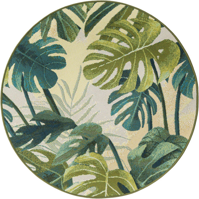 Green 3' 1 x 3' 1 Outdoor Botanical Round Area Rug Weather Resistant for Patio, Deck, Terrace, Balcony, Porch Polypropylene Garden Floral Tropical Carpet for Sale at Rug Engine