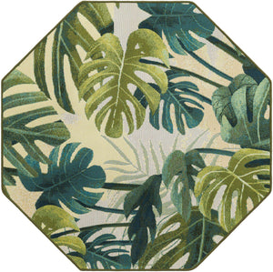 Green 4' 1 x 4' 1 Outdoor Botanical Octagon Area Rug Weather Resistant for Patio, Deck, Terrace, Balcony, Porch Polypropylene Garden Floral Tropical Carpet for Sale at Rug Engine